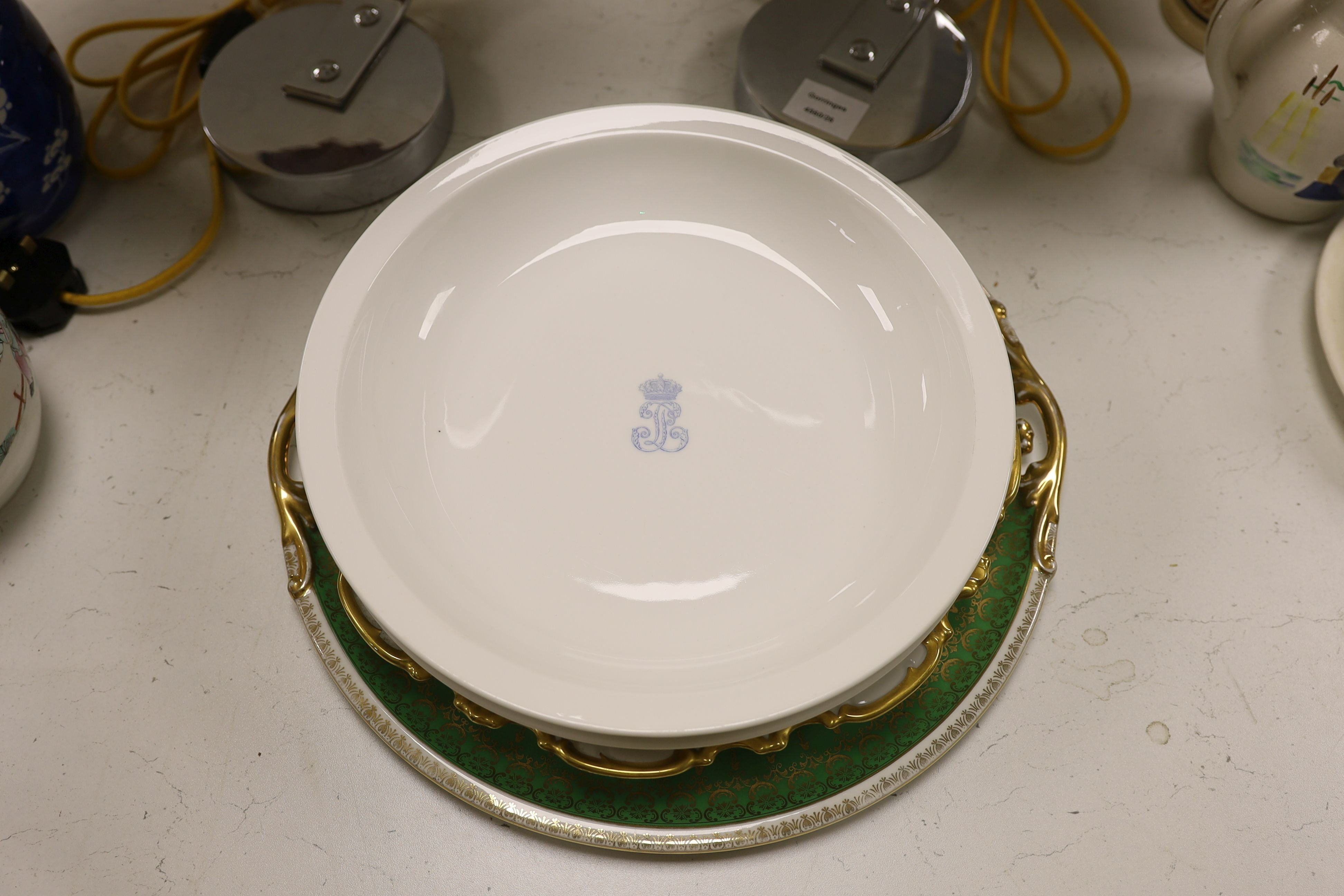 Two Sevres Louis Philippe service monogrammed dishes, dated 1842, 30.5cm a Meissen Deutsche Blumen Marcolini period square dish and two other continental porcelain dishes